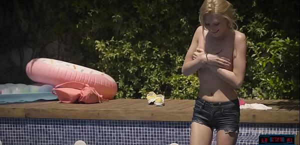  Petite teen trespassing to use the pool on a very hot day